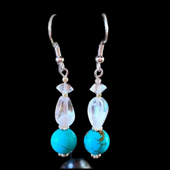 Handmade Boho Blue Turquoise Bead Dangle Earrings Glass Stacked 925 Silver Hooks - Picture 3 of 7
